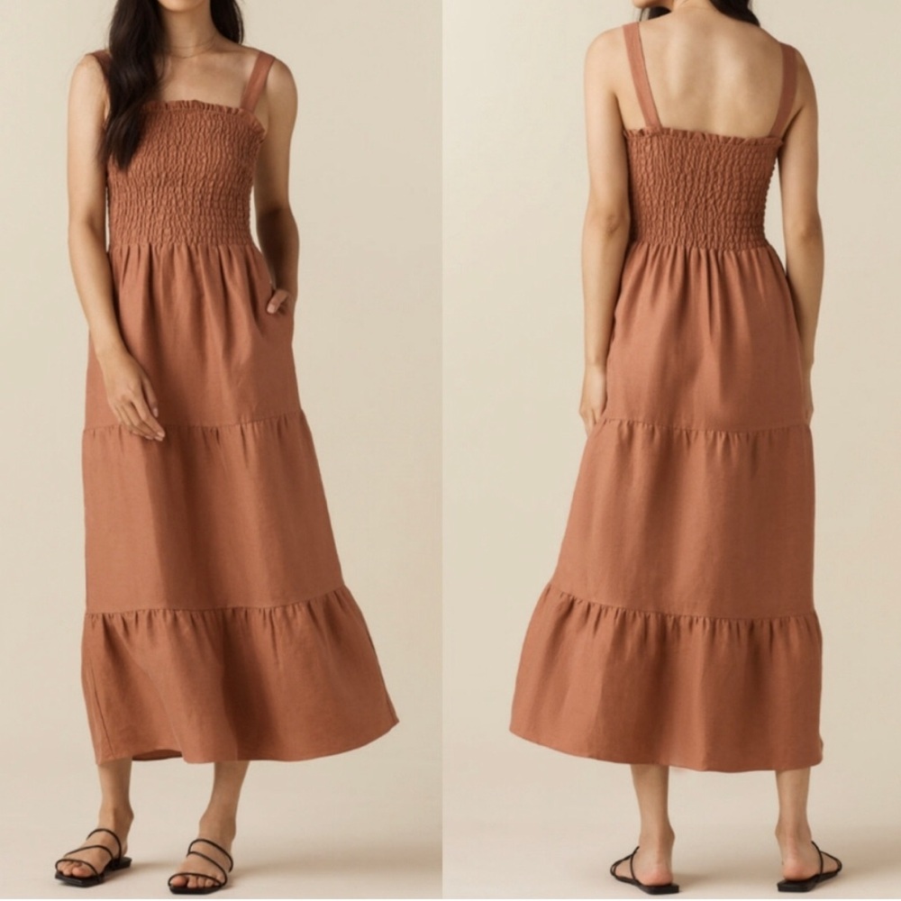 Vetta Smocked Tiered Midi Dress Size M New Clay Tencel Linen Sleeveless